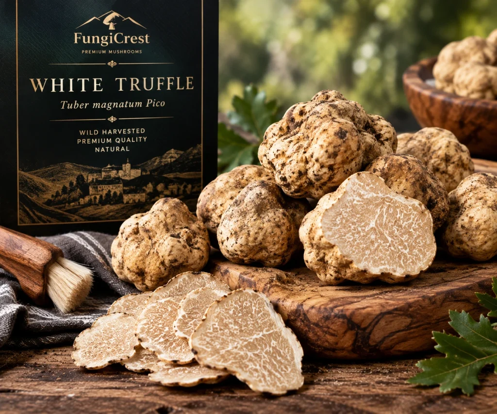 Whole and shaved white truffles from Alba on an olive-wood board