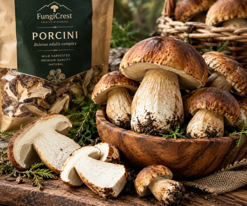Fresh porcini mushrooms, whole and sliced, in a wooden bowl