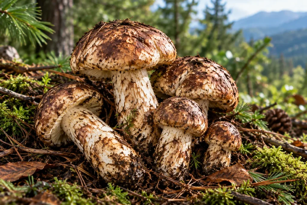 Matsutake mushrooms on a mossy pine forest floor